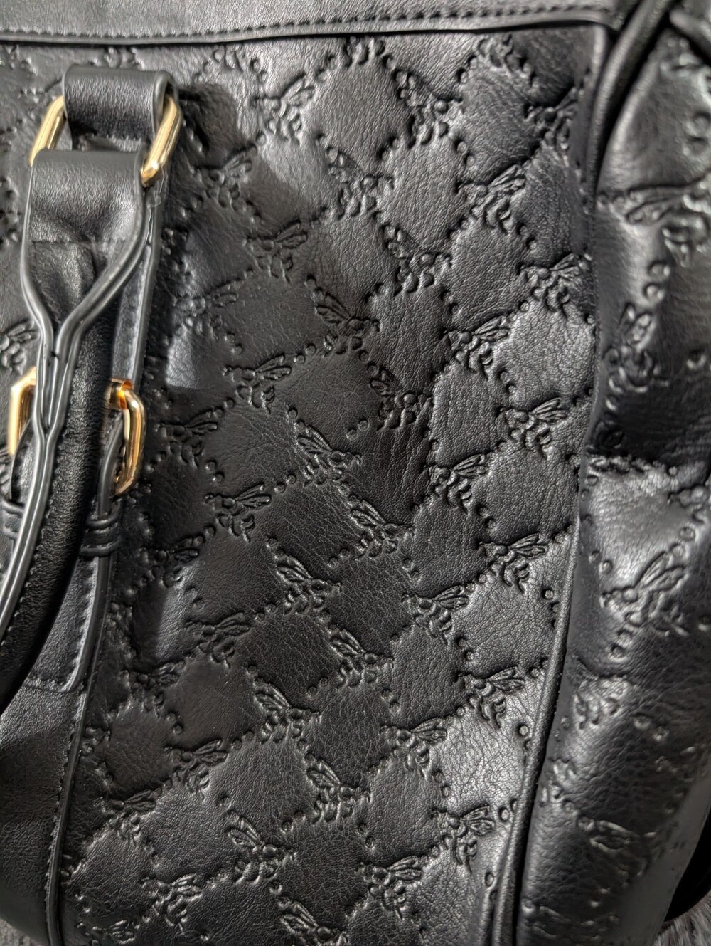 Black Quilted Large Tote/Luggage with Red & Green Stripe and Gold Bee Accent - Picture 7 of 8